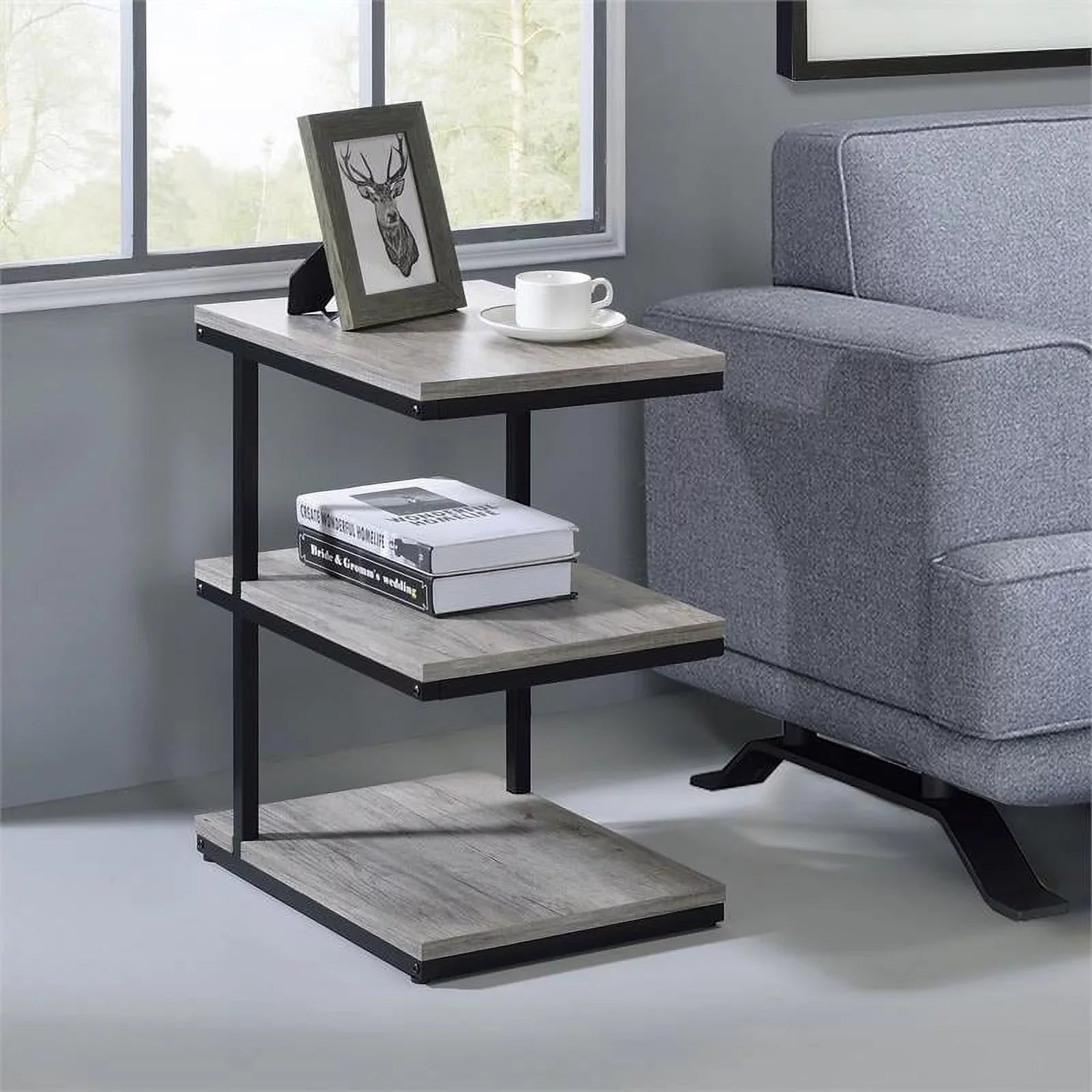 FOA Neeva Industrial Metal 3-Shelf Side Table in Light Gray Set of 2