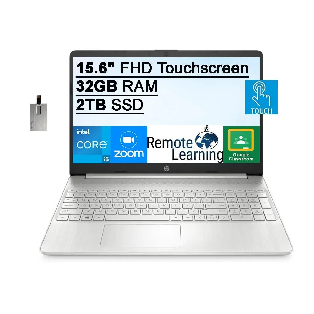 HP 2021 15.6" FHD IPS Touchdisplay Laptop Computer, Intel Core i5-1135G7 (Beats i7-1065g7), 32GB RAM, 2TB SSD, Intel Iris Xe Graphics, HD Webcam, HD Audio, Windows 11S, Silver, 32GB SnowBell USB Card