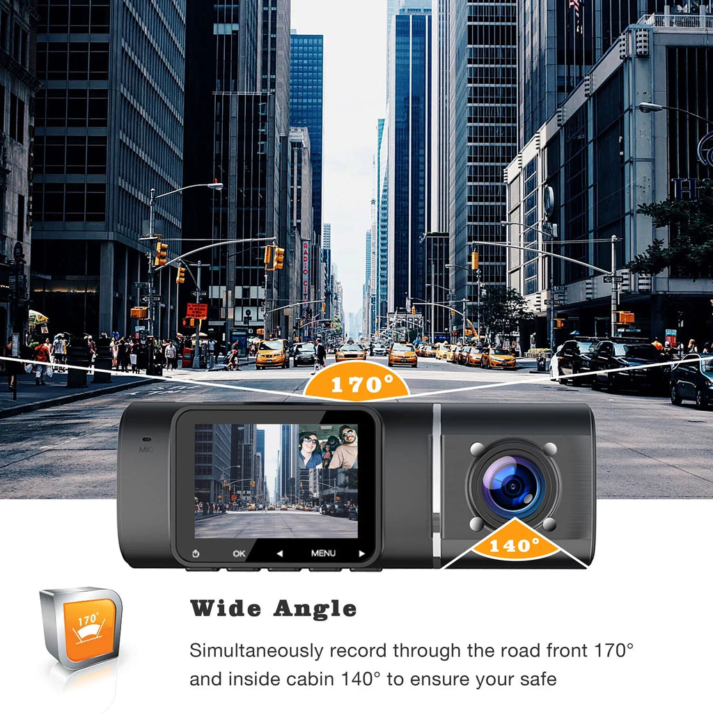 TOGUARD Black Dash Cam FHD 1080P Front and HD 720P Inside, IR Night Vision Car Camera