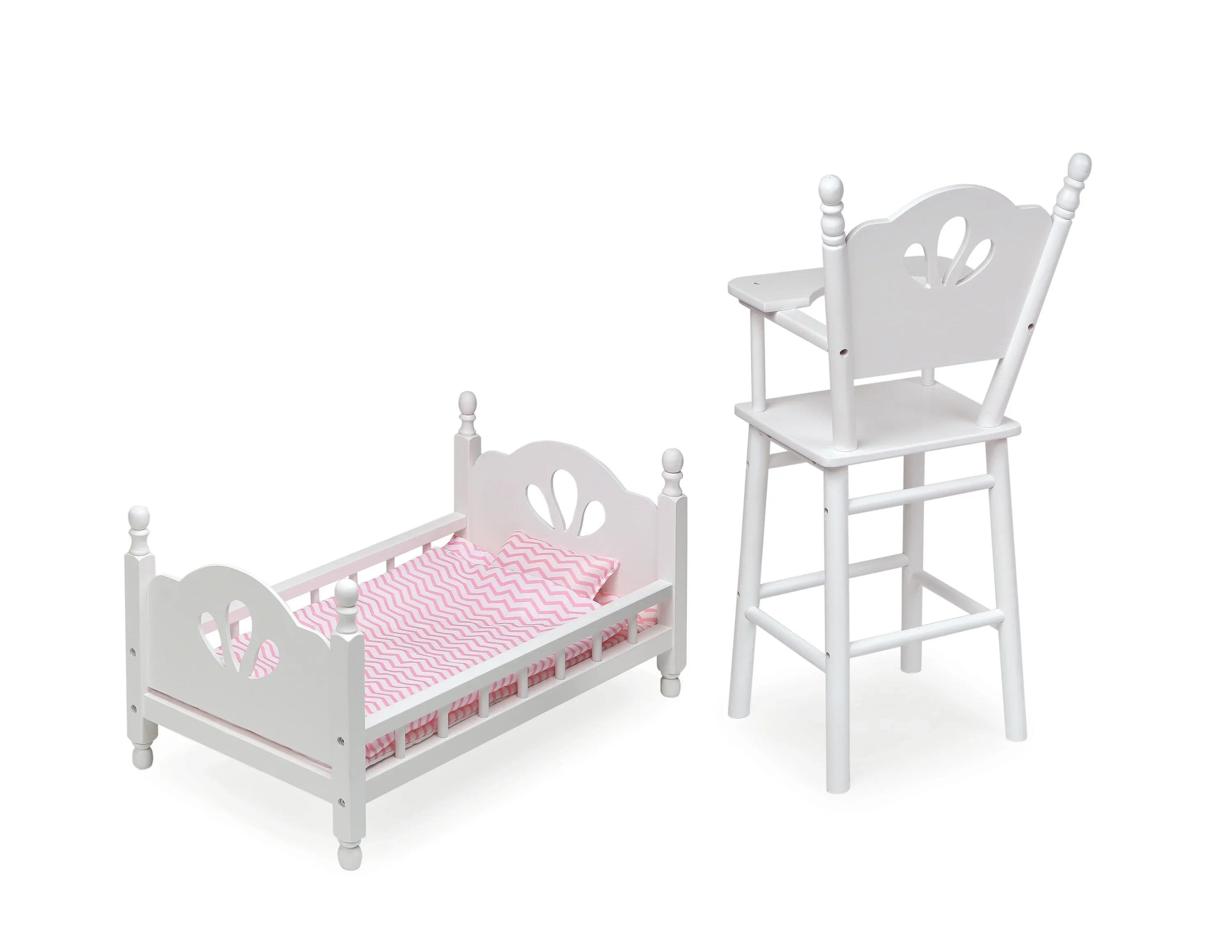 Badger Basket English Country High Chair and Bed with Bedding for 18 inch Dolls - White/Pink