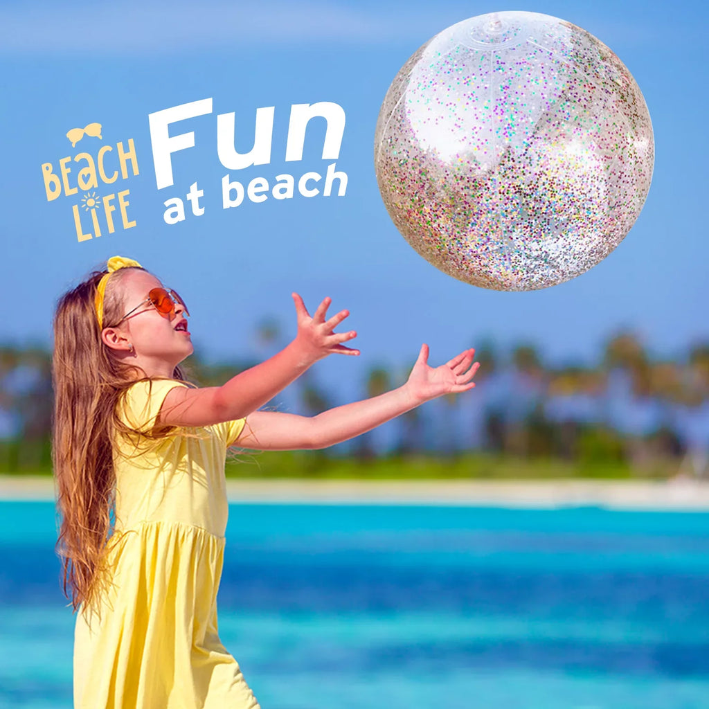 Junipel InfLatitudeable Beach Glitter Ball with Confetti 16 & 24 Inch Premium Beach Theme Water Sand Toy for Beach Party Decoration, Pool Party Supplies Summer Beach Balls -Set of 6 |