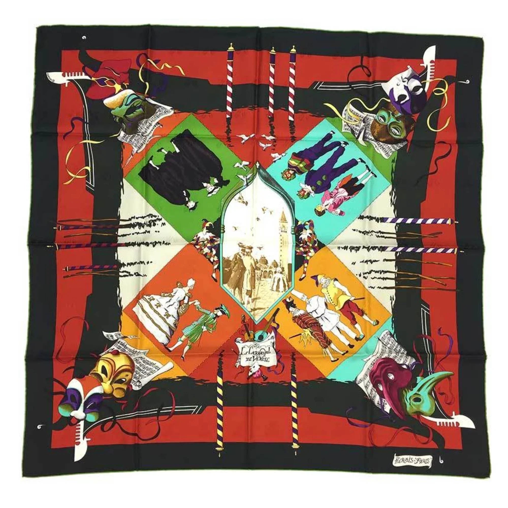 Pre-Owned HERMES Carre 90 Scarf Muffler LE CARNAVAL DE VENISE Venice Carnival Moss Green x Orange Hermes Silk aq7392 (Like New)