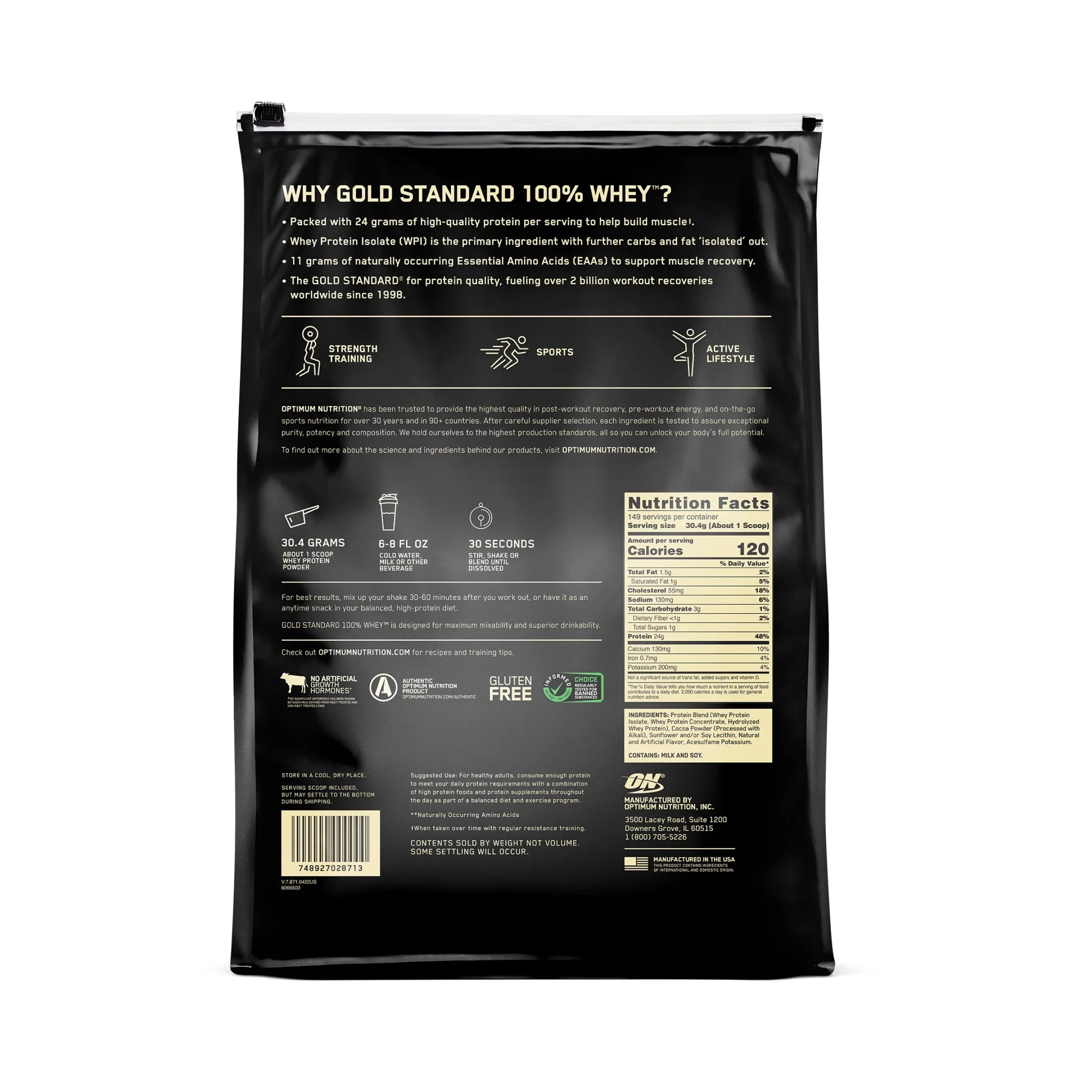 Optimum Nutrition, Gold Standard 100% Whey Protein Powder, Double Rich ChocoLatitudee, 10 lb, 149 Servings