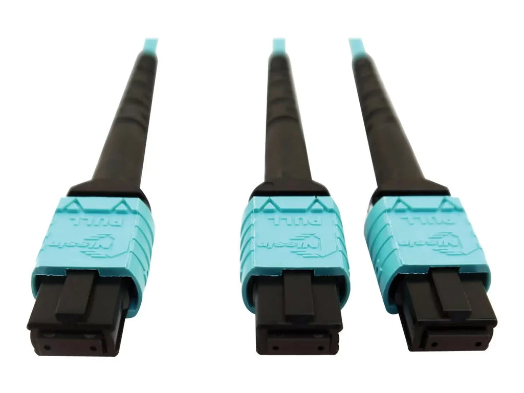 Eaton Tripp Lite Series 400G Multimode 50/125 OM4 Plenum Fiber Optic Cable, 24F MTP/MPO-PC to (x2) 12F MTP/MPO-PC (F/F), Aqua, 5 m - Network cable - MTP/MPO/PC multi-mode (F) to MTP/MPO/PC multi-mode (F) - 5 m - fiber optic - 50 / 125 micron - OM4 -