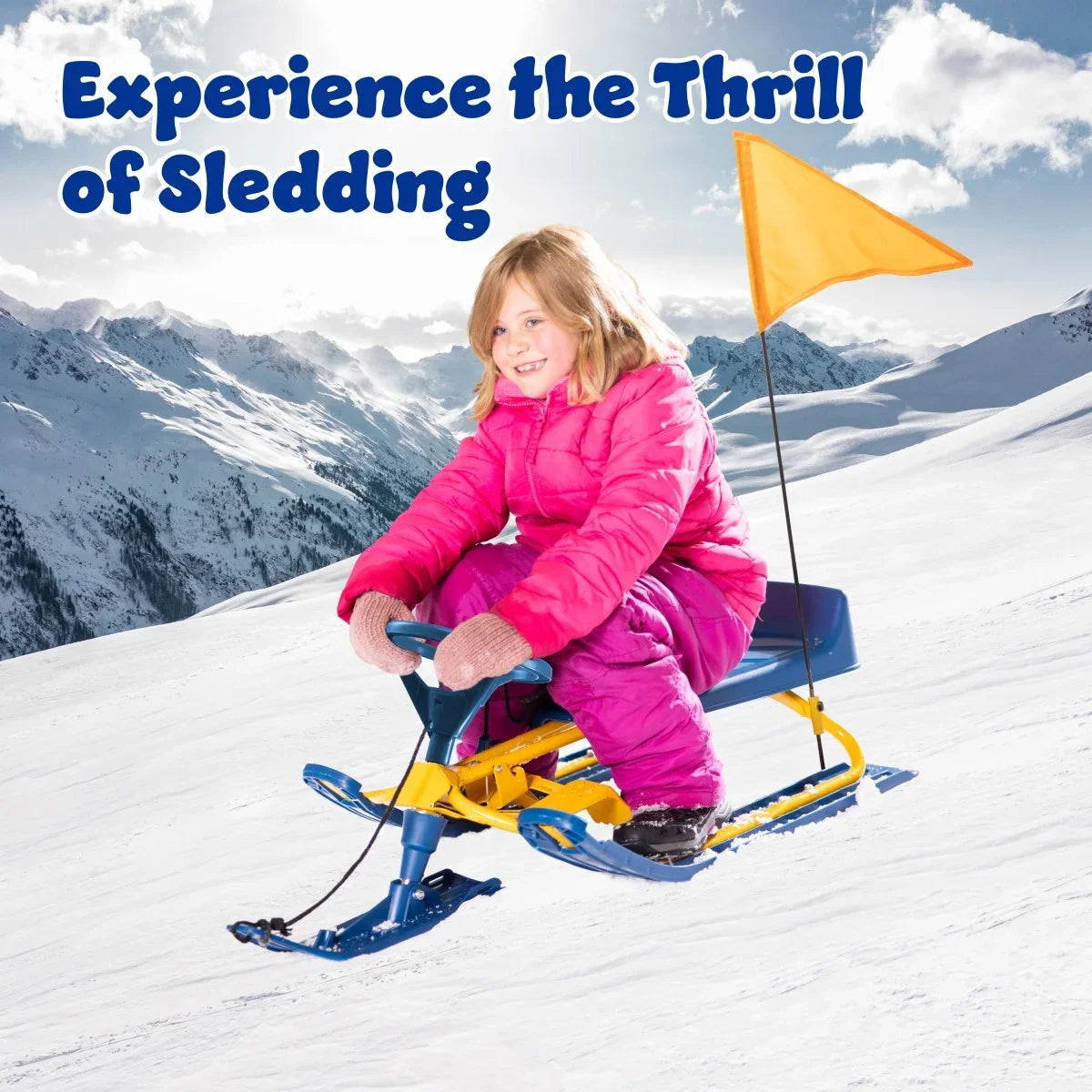 Machrus Frost Rush Snow Sled with Steering Wheel, Twin Brakes, Pull Rope & Safety Flag - Winter Racer Snow Sled for Kids and Adults for Sledding