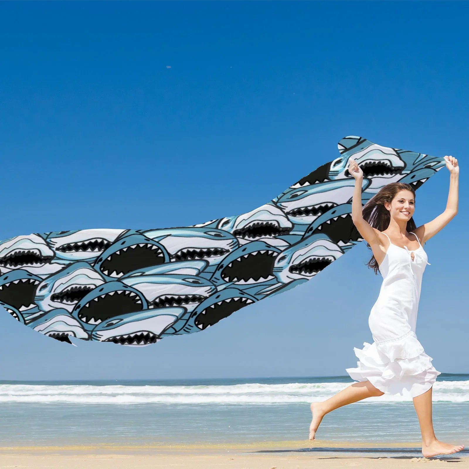FREEAMG Angry Shark Silk Long Scarf for Women Large Oblong Sundisplay Shawls Wraps Neck Headscarf Hair Wraps Gift Packed