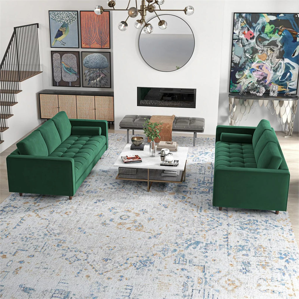 Tahir Mid-Century Pillow Back Velvet Sofa Set in Green