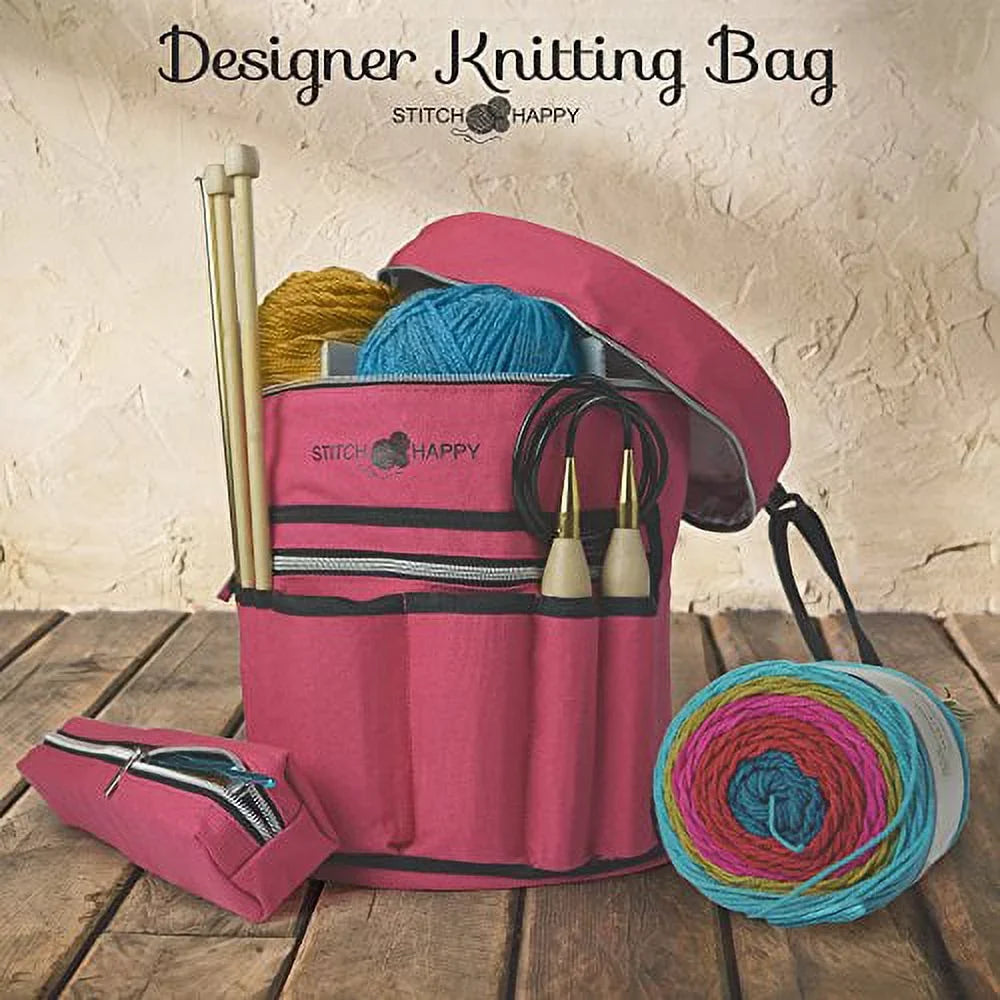 Knitting Bag - Yarn Tote Organizer w/Tool Case, 7 Pockets + Divider for Extra Storage of Projects, Supplies & Crochet (Fuchsia) by Stitch Happy