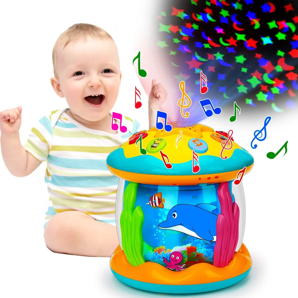 ISHANTECH Baby Toys 6 to 12 Months 4 in 1 Musical Projector Ocean Rotating Tummy Time Learning Crawling Light Up Toys