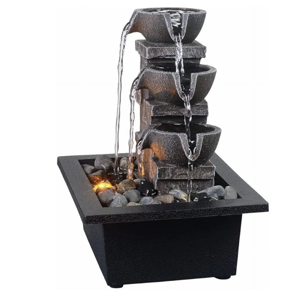 GOSSI Home Décor Imitation 3-Tier Stone Wall Tabletop Fountain Many Natural River Rock Office Relaxing Waterfall Meditation Tabletop Fountain LED Lights Fountain(22070)