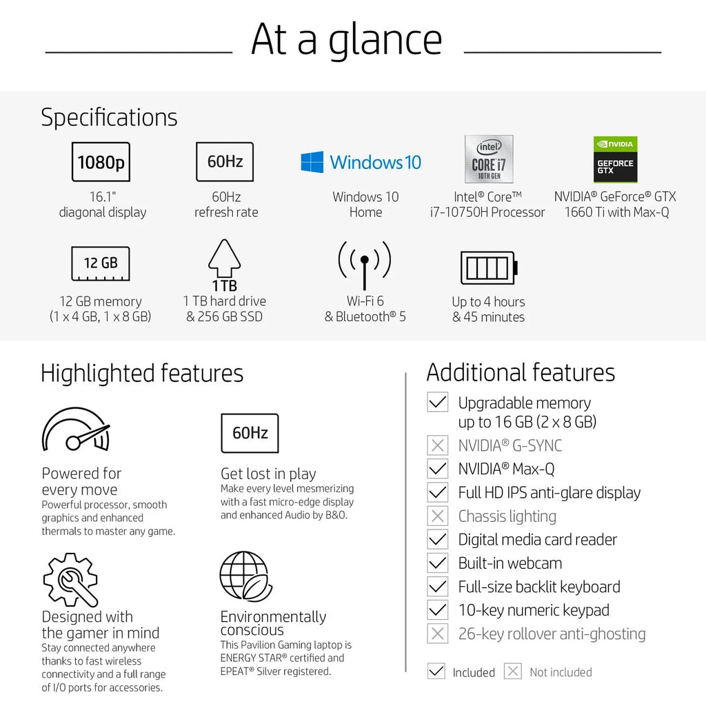 HP Pavilion 16-a0075cl 16.1" Non-interactive  WLED-backlit IPS Anti-Glare FHD Gaming Laptop -  i7-10750H - 12GB DDR4 Memory - 1TB Hdd + 256gb SSD -  GeForce GTX 1660 Ti Max-Q - Backlit Keyboard - Windows 10