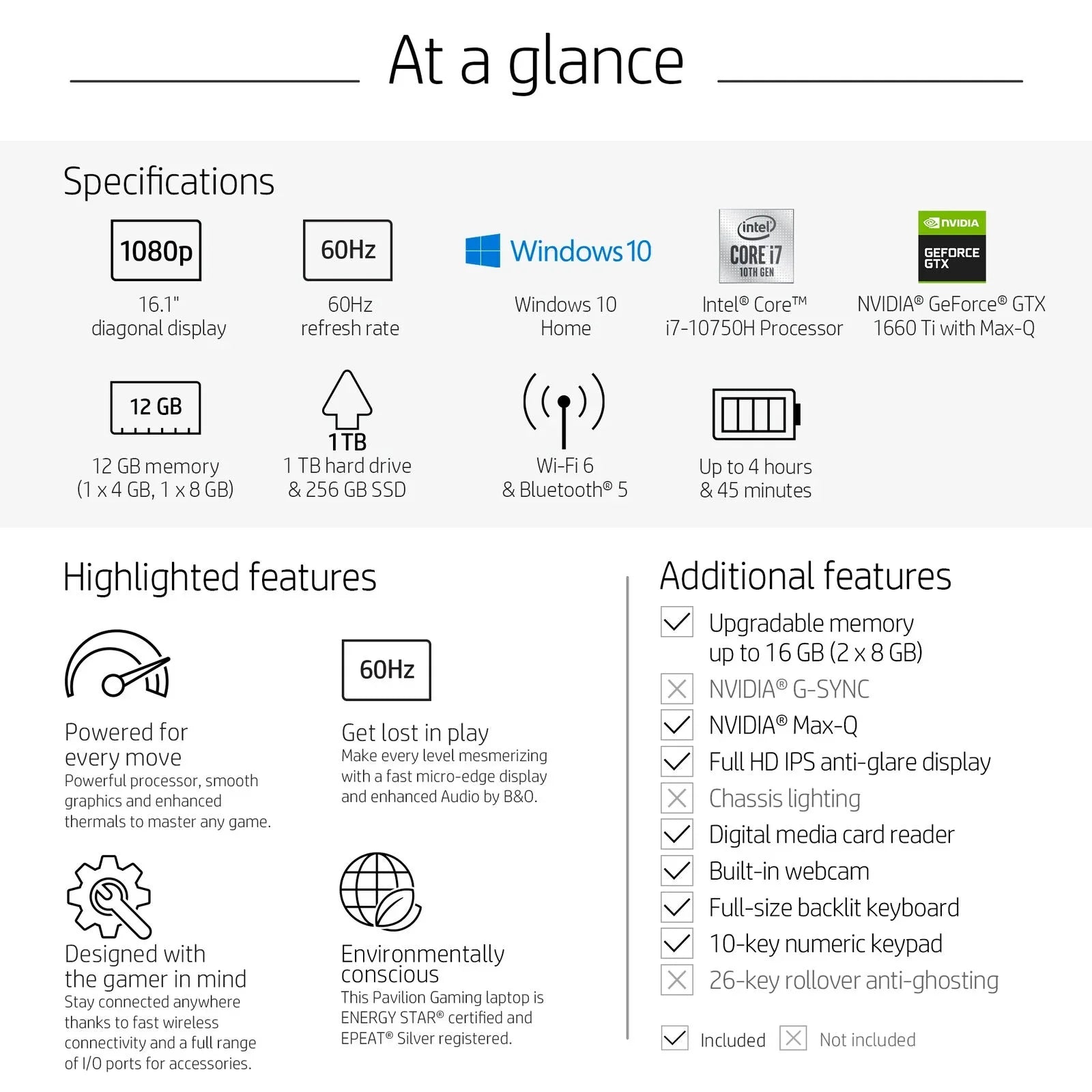 HP Pavilion 16-a0075cl 16.1" Non-interactive  WLED-backlit IPS Anti-Glare FHD Gaming Laptop -  i7-10750H - 12GB DDR4 Memory - 1TB Hdd + 256gb SSD -  GeForce GTX 1660 Ti Max-Q - Backlit Keyboard - Windows 10