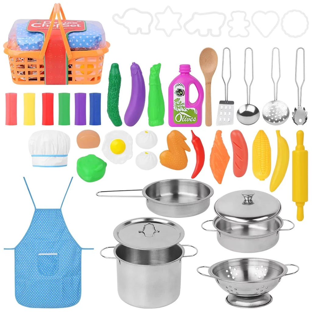 SEKKVY Kids Kitchen Pretend Play Toys, Kitchen Set with Stainless Steel Cooking Utensils Cookware Pots and Pans Set Healthy Vegetables, Knife,Apron,Little Chef Boys Girls