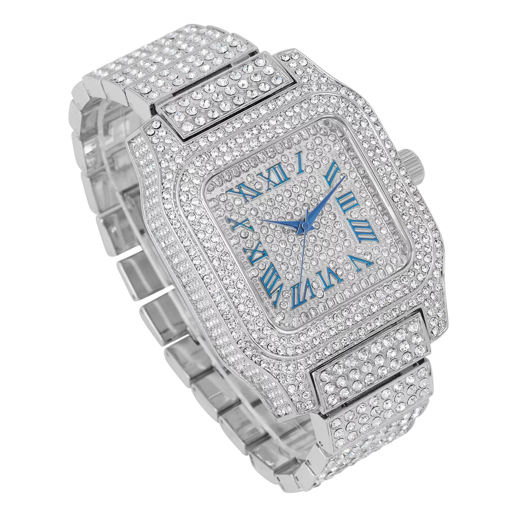 product image Bling-ed Out Biggie Square Iced Gold Hip Hop Watch You Will Hypnotize in a Flashy Way - 0513Sq (Silver Blue R# Cuban)