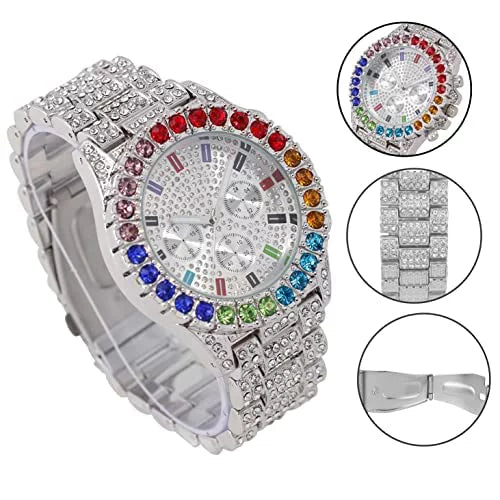 Charles Raymond Iced Out Mens Color on Blast Watch Single or Combo Sets with Blinged Out Bracelets Set. Iced Out Colourful Rainbow Flame Collection (ST10327CO-ZZ SLV)