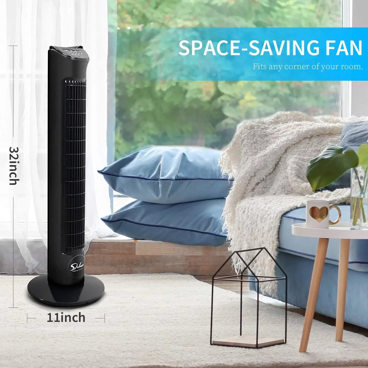 Simple Deluxe 32"Tower Fan with Remote, 90° OscilLatitudeing Fan with 4 Speeds, Bladeless Fan, Standing Floor Fans, Black