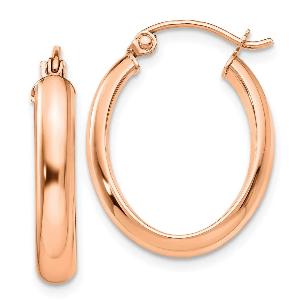Real 14kt Rose Gold Polished Oval Tube Hoop Earrings; for Adults and Teens; for Women and Men
