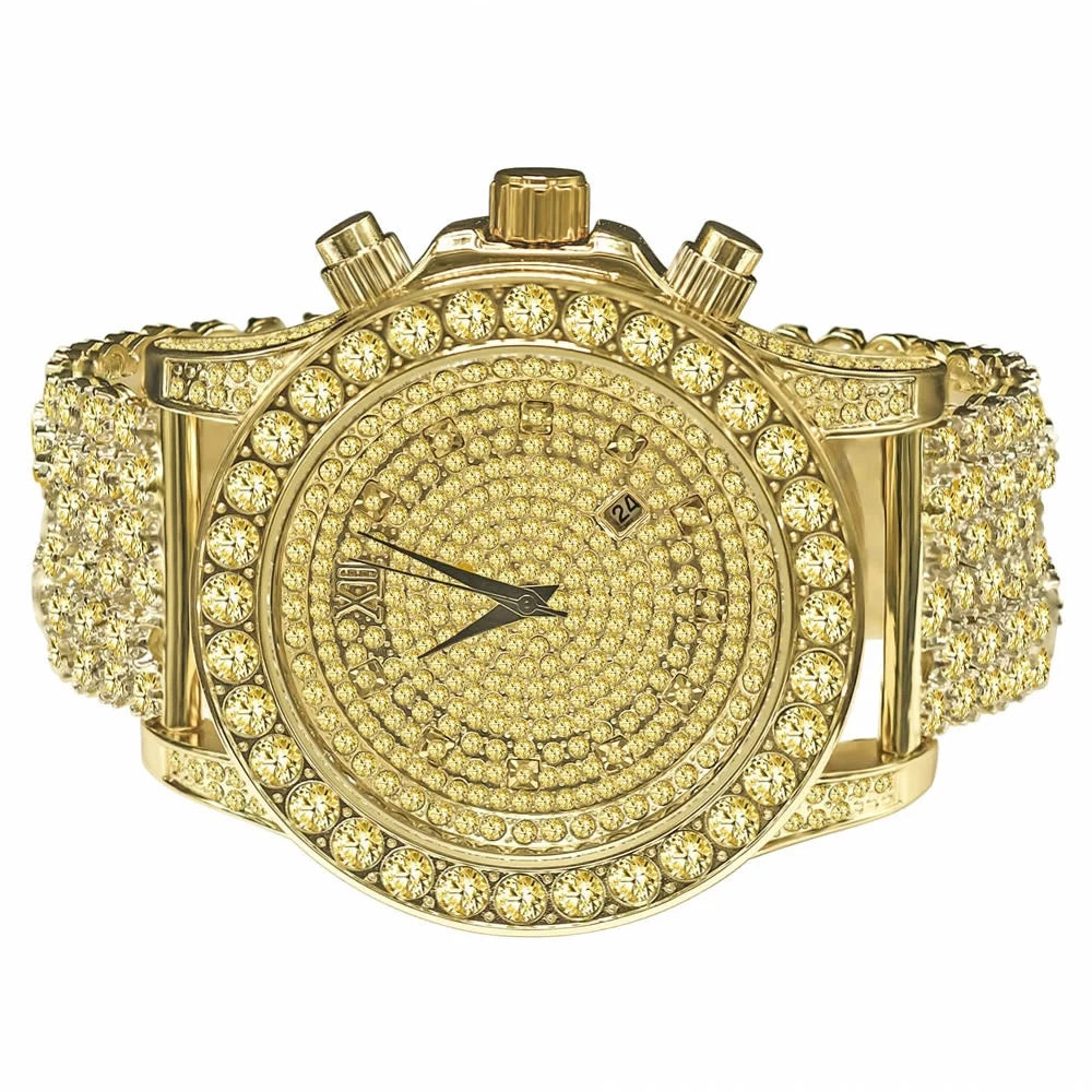 Mens Canary Bling Master Custom Watch Yellow Gold Tone Solitaire SimuLatitudeed Diamonds Iced Out Band