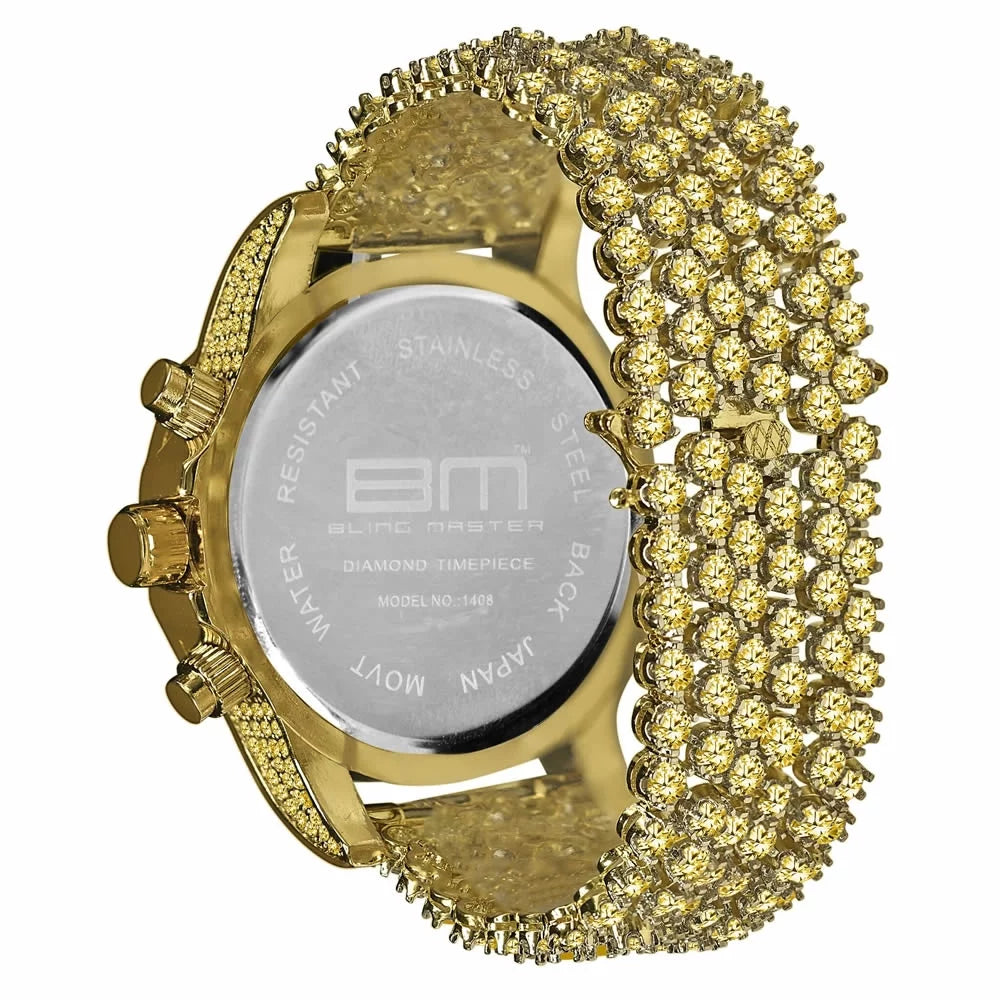 Mens Canary Bling Master Custom Watch Yellow Gold Tone Solitaire SimuLatitudeed Diamonds Iced Out Band