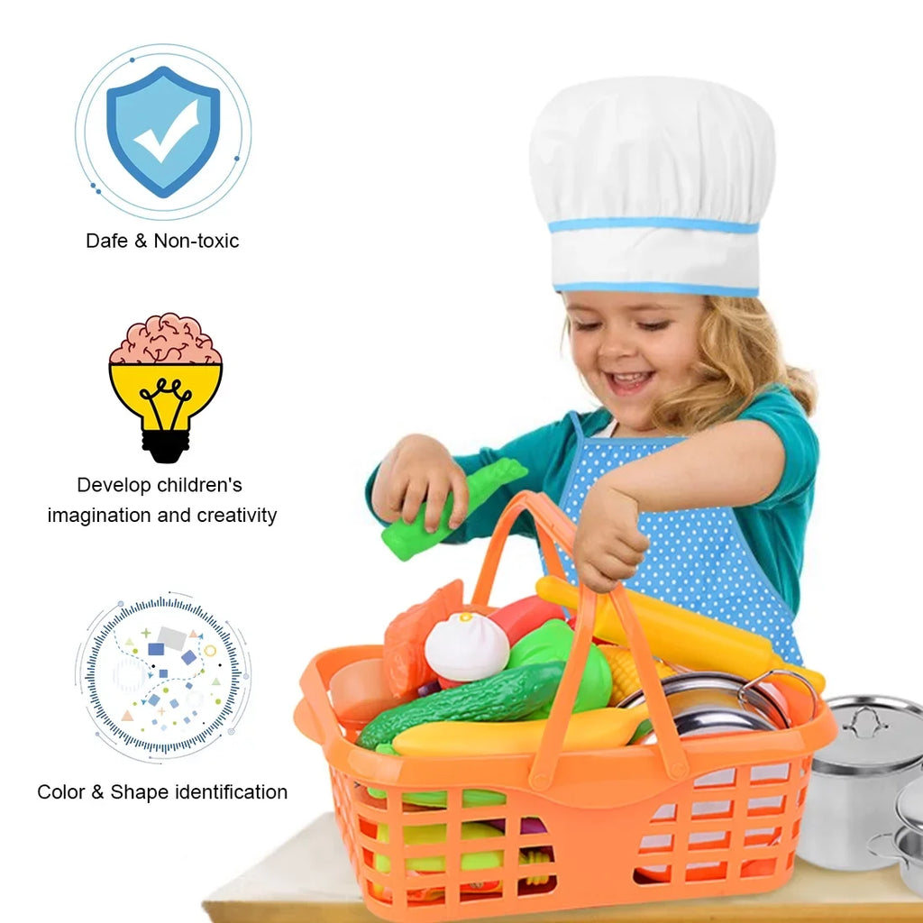 SEKKVY Kids Kitchen Pretend Play Toys, Kitchen Set with Stainless Steel Cooking Utensils Cookware Pots and Pans Set Healthy Vegetables, Knife,Apron,Little Chef Boys Girls