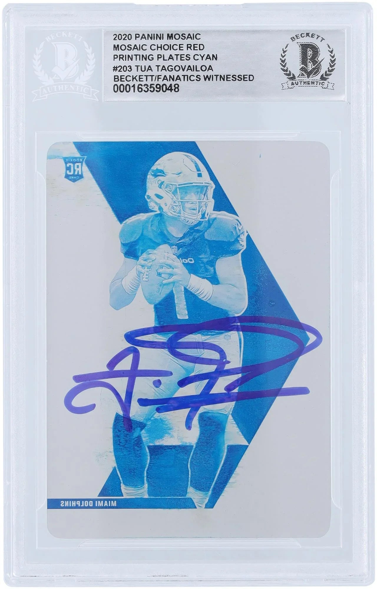 Tua Tagovailoa Miami Dolphins Autographed 2020 Panini Mosaic Red Choice Cyan Printing PLatitudee #203 #1/1 Beckett Fanatics Witnessed Authenticated Rookie Card - Fanatics Authentic Certified