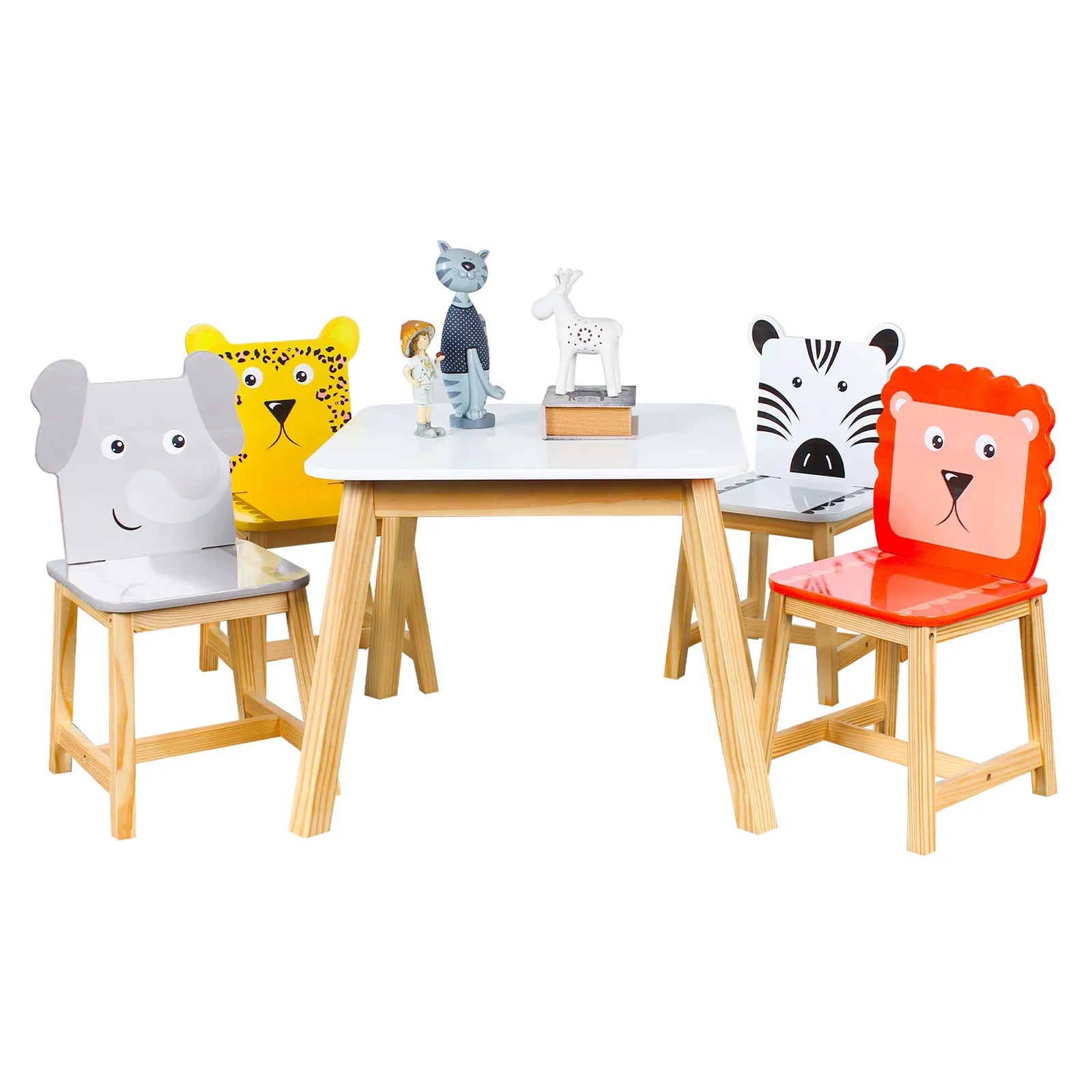 5 Piece Kids Table and Chair Set Toddler Table Cartoon Animals Kids  Wood Table with 4 Chairs Set for Learning Playing Crafts Drawing White