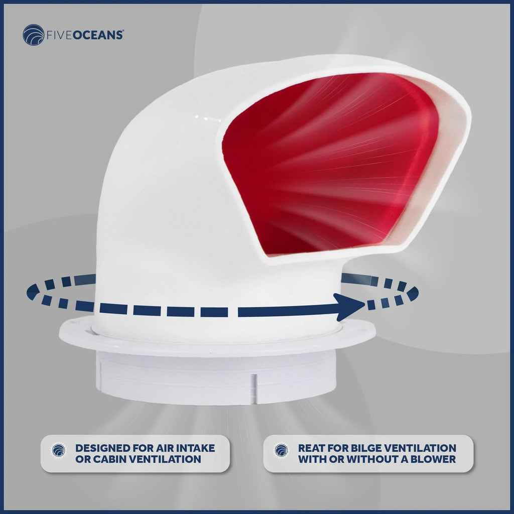 Five Oceans  3-Inch Cowl Vent with Snap-On Deck PLatitudee and Cover, 2 Pack Low Profile UV-Resistant and Flexible PVC, Red Interior, for Air Intake or Cabin VentiLatitudeion - FO88-M2
