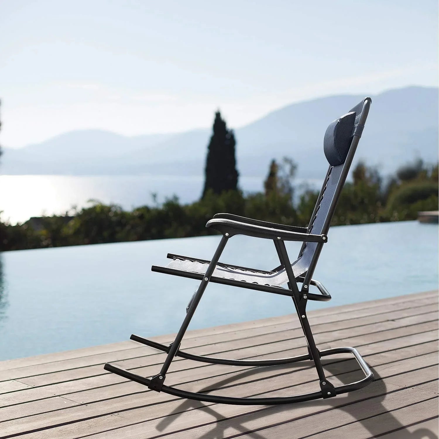 Patio Rocking Chair Outdoor Wide Recliner Portable Lounge Chair Folding With Headrest For Camping Fishing Beach Poolside(Blue)