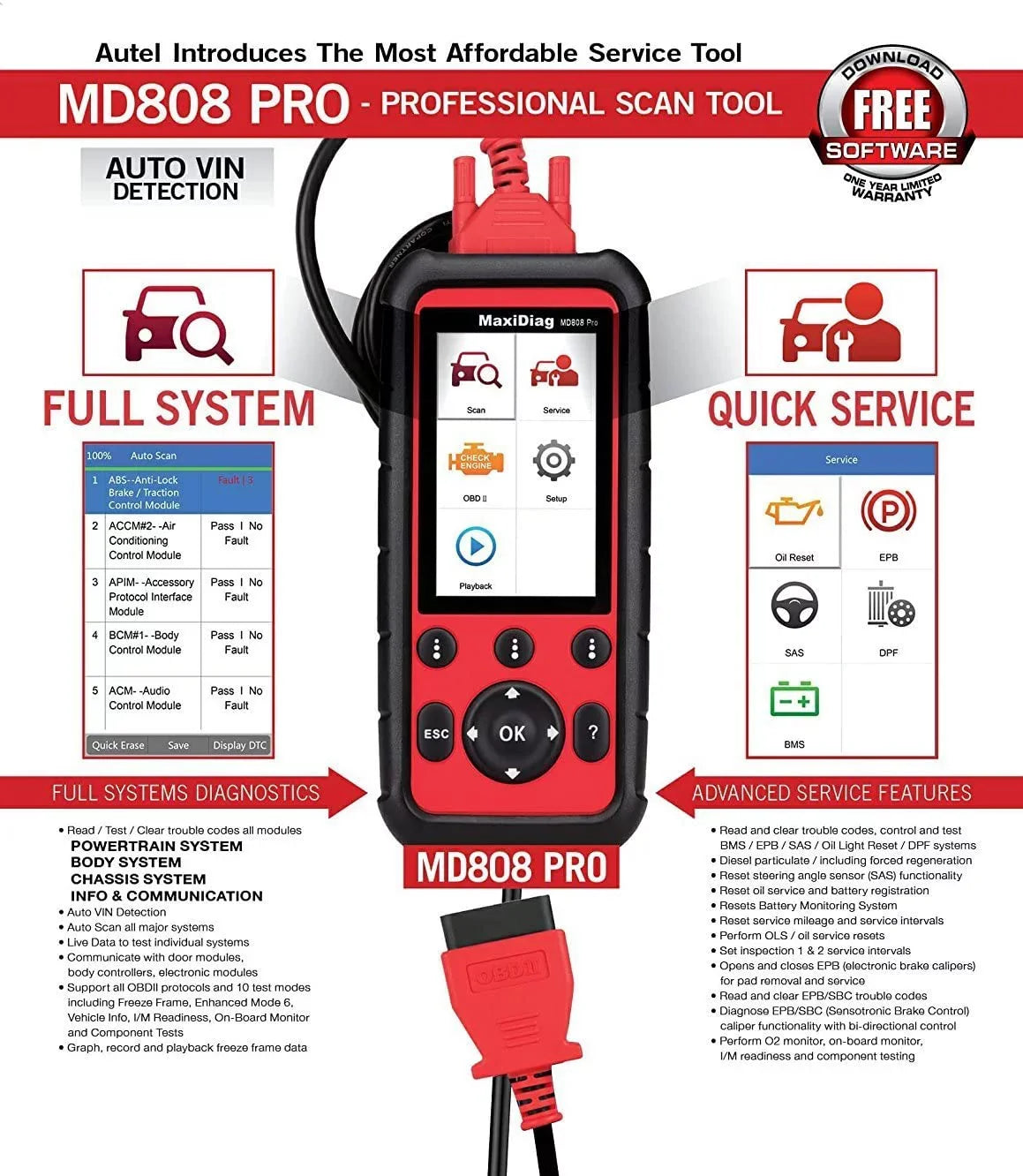 Autel MaxiDiag MD808 Pro With Extension Cable OBD2 Scanner Code Reader Read/Clear Codes DTC Lookup 7 Special Features Oil Reset Battery Reset EPB SAS BMS Upgraded MD806 MD802 AL329 AL529 AL609 AL629