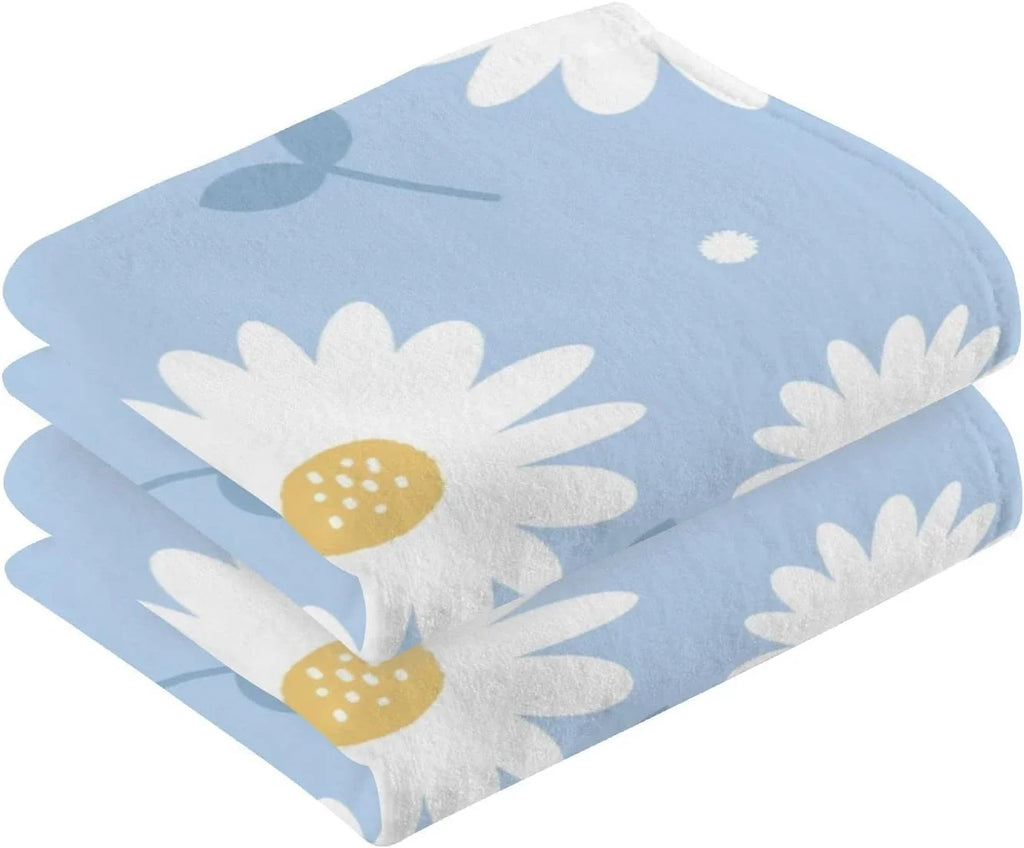Wellsay Face Hand Towel Set Daisy Flower Blue Cotton Washcloths, Quick-Dry Highly Absorbent Bath Towel- Pack of 2