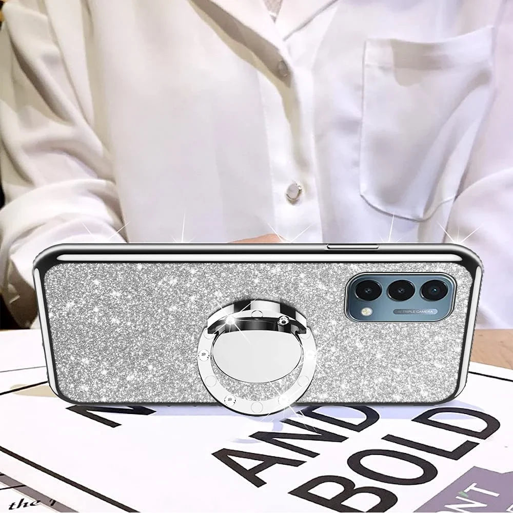 nancheng for Oneplus Nord N200 5G case Glitter Luxury Cute Silicone TPU Phone Case for Women Girls with Kickstand, Bling Diamond Rhinestone Bumper Ring Stand Slim Case for 1+Nord N200 5G (Silver)