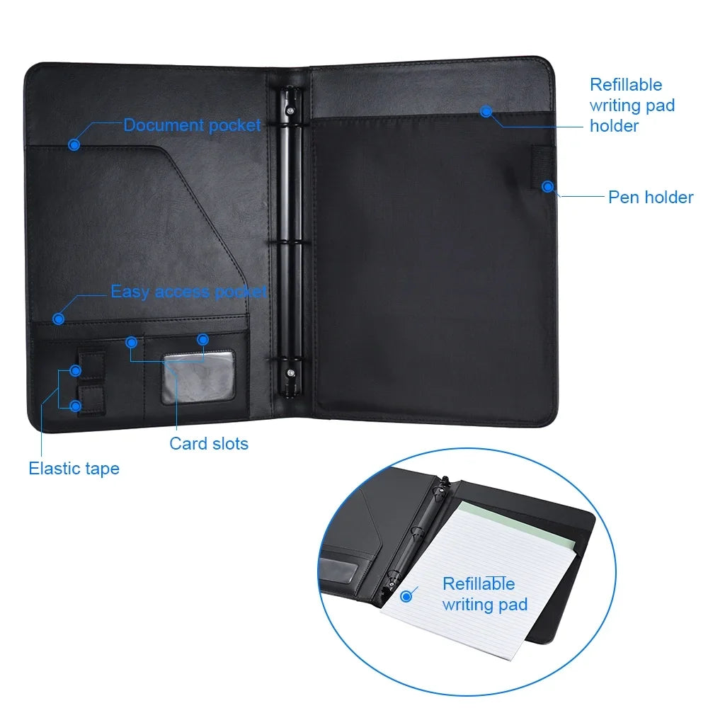 Aibecy Professional Business Portfolio Padfolio Folder Document Case Organizer A4 PU Leather with Business Card U Flash Disk Holder Memo Note Pad Loose- Loop
