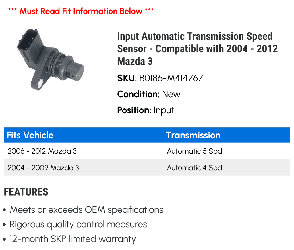 Input Automatic Transmission Speed Sensor - Compatible with 2004 - 2012 Mazda 3 2005 2006 2007 2008 2009 2010 2011