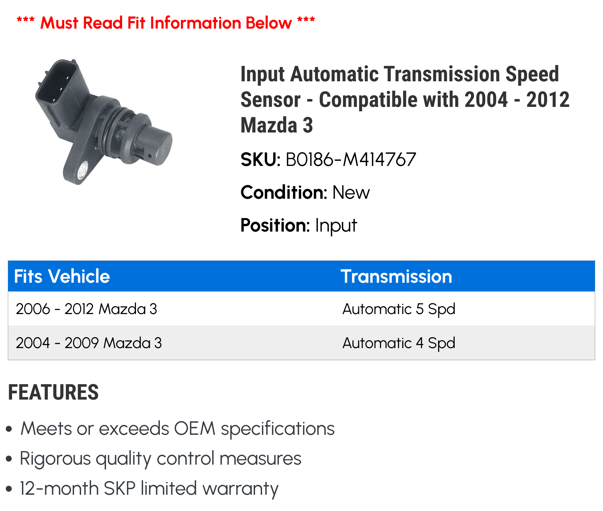 Input Automatic Transmission Speed Sensor - Compatible with 2004 - 2012 Mazda 3 2005 2006 2007 2008 2009 2010 2011