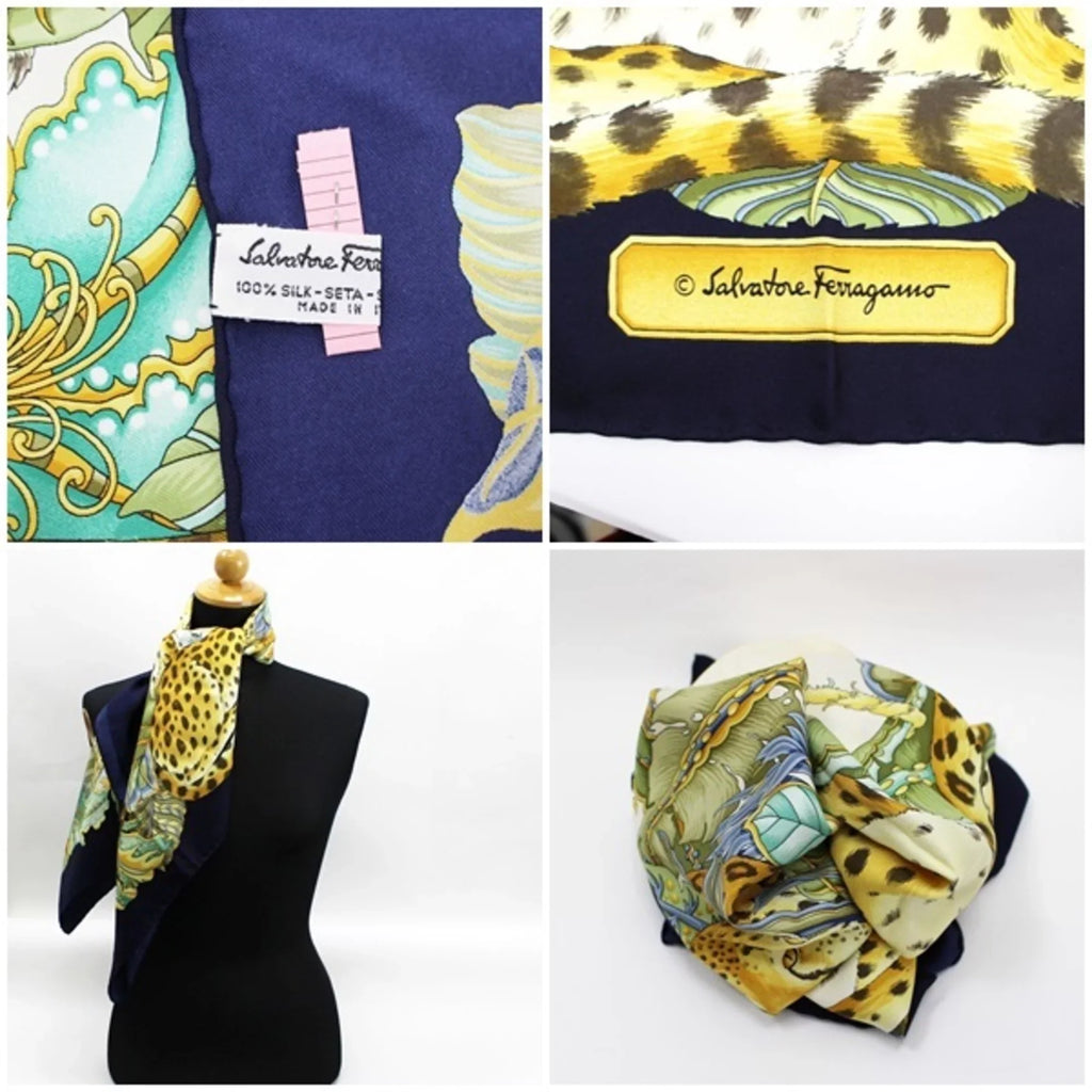 Pre-Owned Salvatore Ferragamo silk scarf leopard print plant pattern navy x ivory ladies (Good)