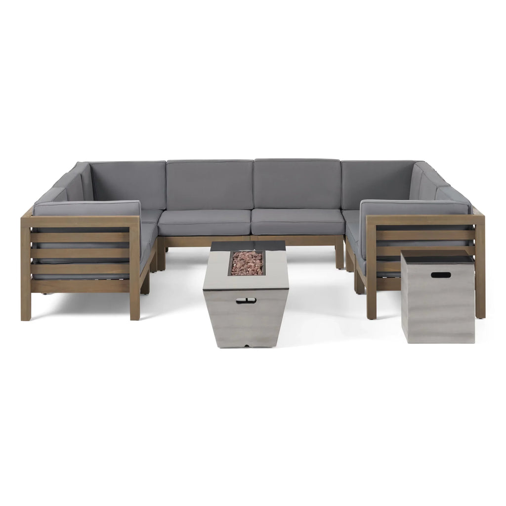 Kolten Outdoor Modern 8 Seater Acacia Wood Sectional Sofa Set with Fire Pit and Tank Holder, Gray, Dark Gray, Gloss Black,