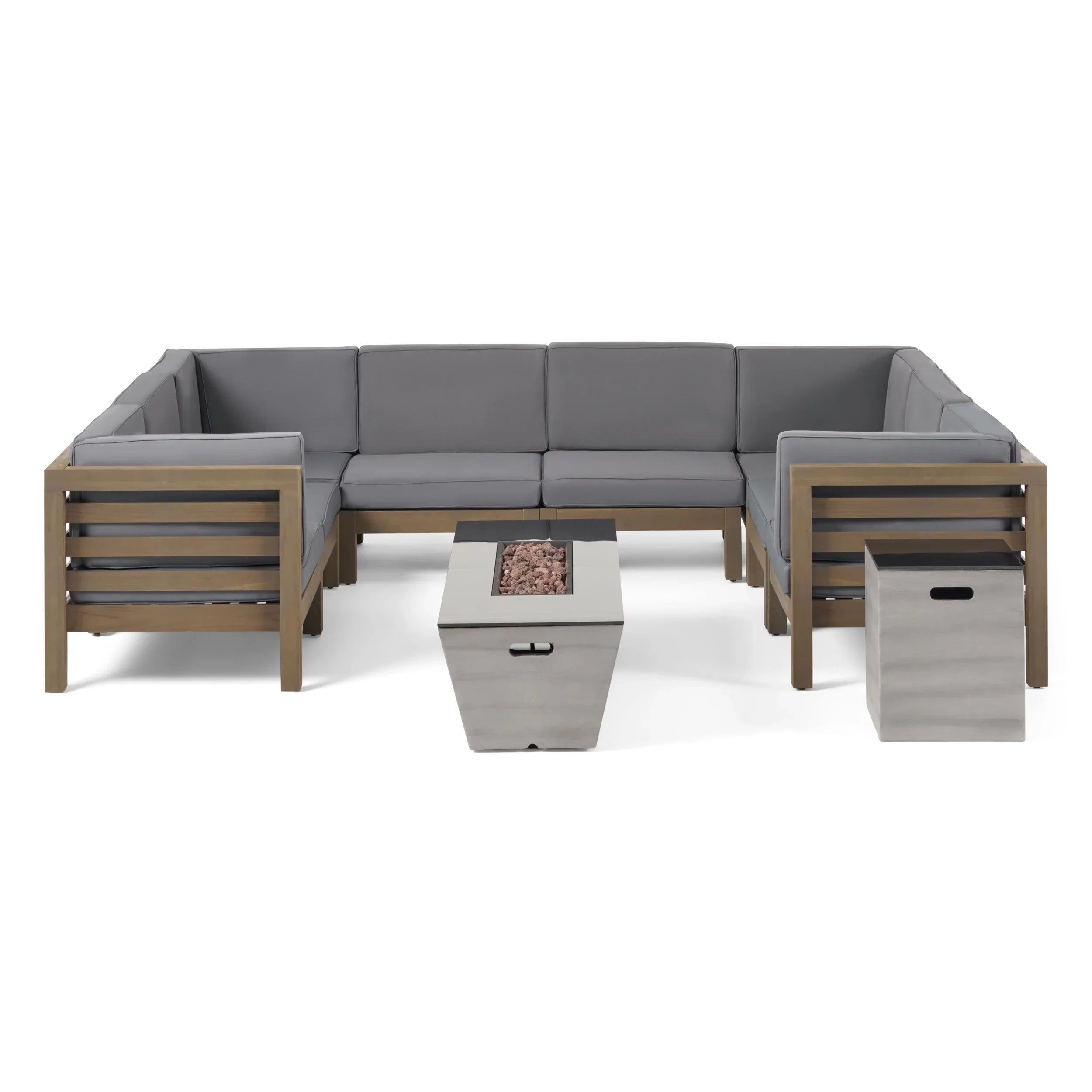 Kolten Outdoor Modern 8 Seater Acacia Wood Sectional Sofa Set with Fire Pit and Tank Holder, Gray, Dark Gray, Gloss Black,