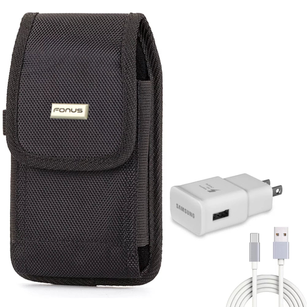 6ft USB Cable Type-C Fast Home Charger w Holster Rugged Case Belt Clip for Xiaomi Redmi Note 7 10 Pro, Mi 9T - ZTE Blade Z Max X1 5G 10, Axon 10 Pro, 11 Prime 2S