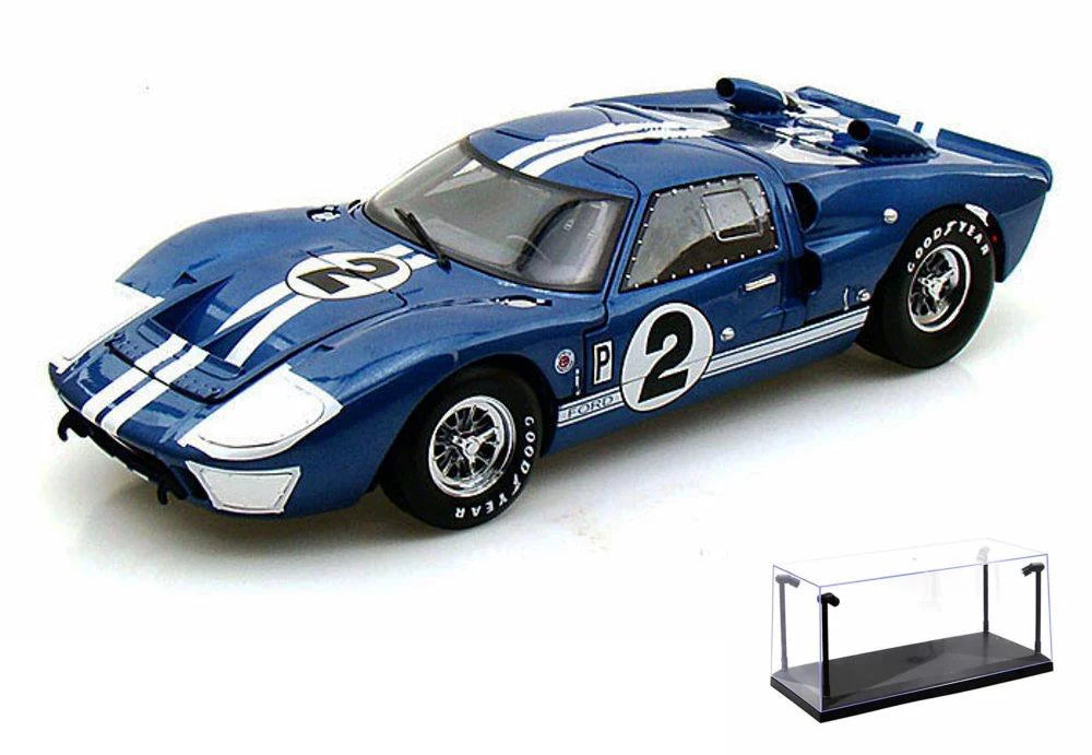 Diecast Car & LED Display Case Package - 1966 Ford GT-40 MK II #2, Blue w/ White Stripes - Shelby  SC401 - 1/18 Scale Diecast Model Toy Car w/LED Display Case