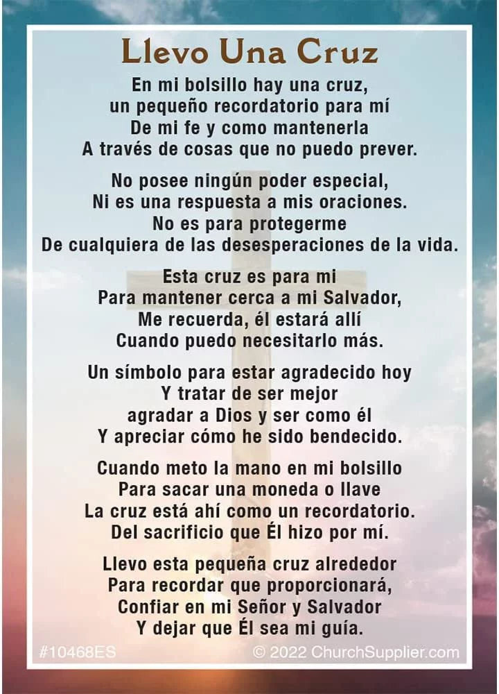 Bilingual I Carry A Cross - Llevo Una Cruz Pocket Prayer Card Pack of 100