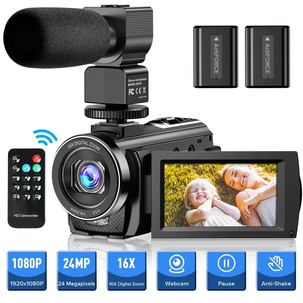 Video Camera Camcorder YouTube Vlogging Camera FHD 1080P 30FPS 24MP 16X Digital Zoom 3" LCD 270 Degrees Rotatable Screen Digital Camera Recorder with Microphone,Remote Control,2 Batteries
