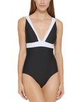 DKNY BLACK Plunging Colorblocked One-Piece Swimsuit, US 4