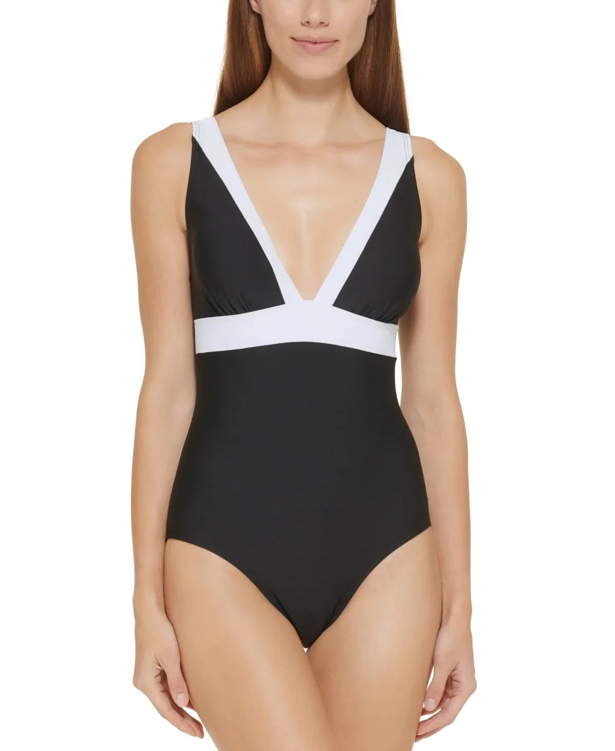 DKNY BLACK Plunging Colorblocked One-Piece Swimsuit, US 4