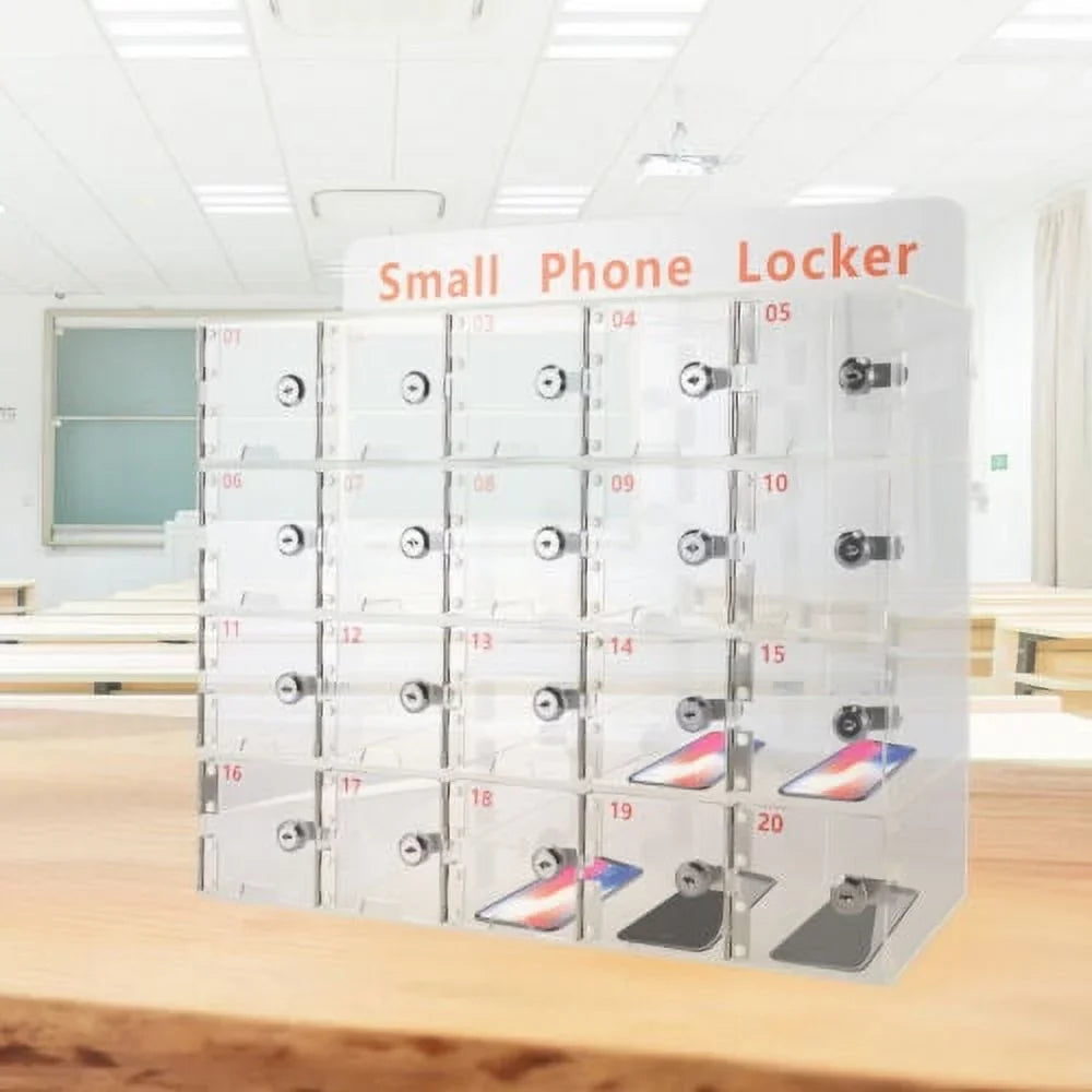20 Slots Thickened Acrylic Cellphone Locker Clear Cell Phone Storage Box w/ Keys