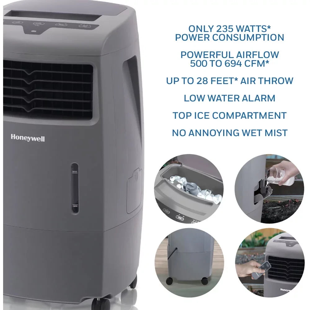 Honeywell 500-694CFM Indoor Outdoor Portable Evaporative Cooler with Fan & Humidifier, Ice Compartment & Remote Control, CO25AE, Gray