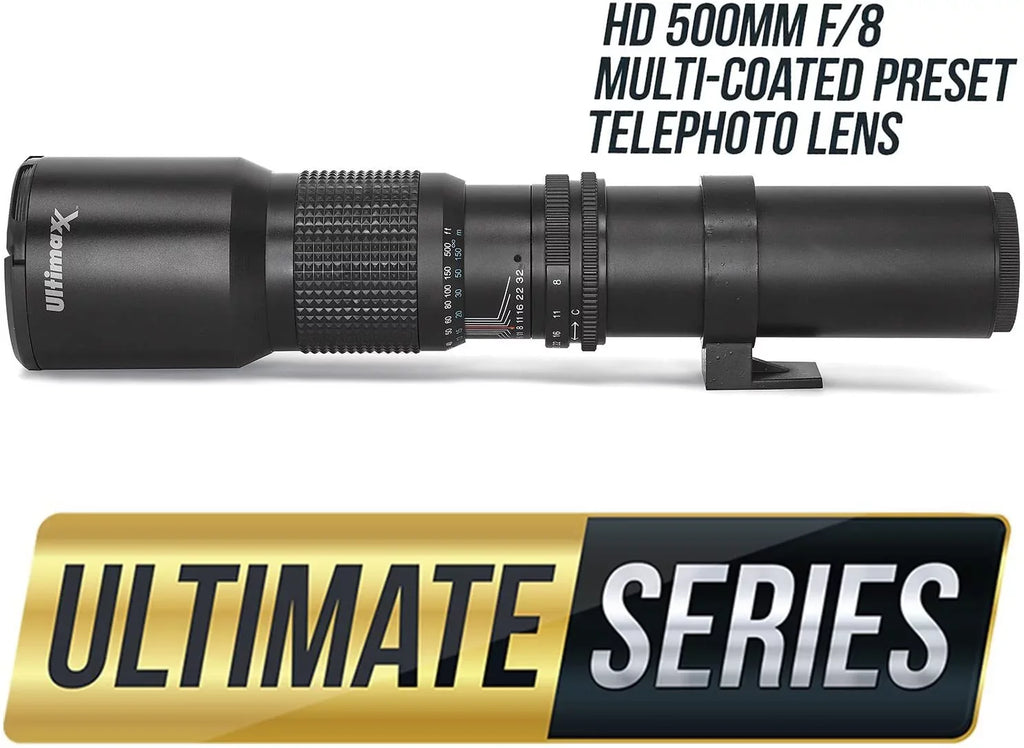 Ultimaxx 500mm/1000mm f/8 Multi-Coated Preset Telephoto Lens Includes Ultimaxx 2.0X Tele-Converter + T-Mount Adapter for Canon EF Mount & Microfiber Cleaning Cloth - Compatible with SLR/DSLR Cameras