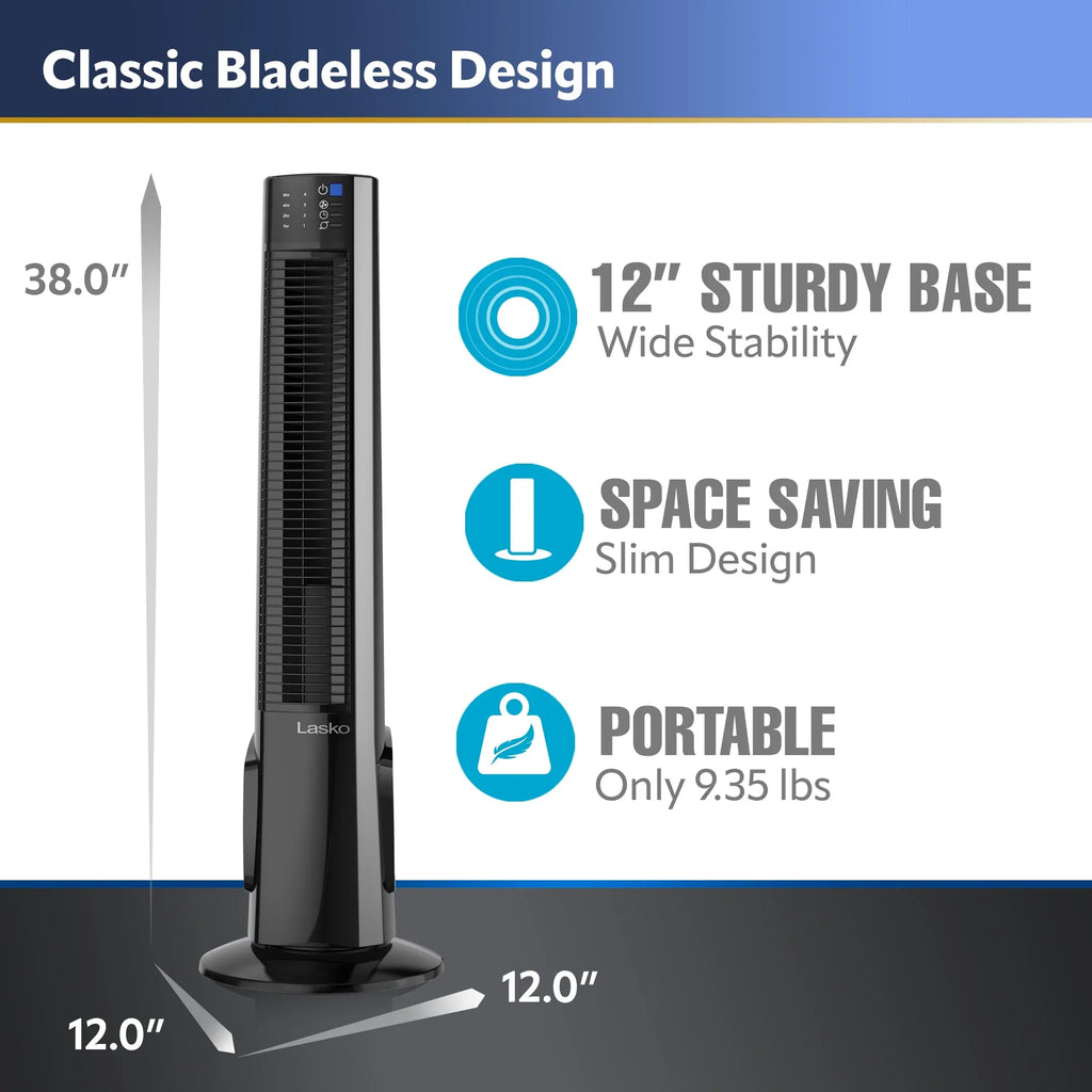 Lasko 38" 4-Speed Hybrid Tower Fan with Timer, Remote Control, Black/Silver, T38415, New