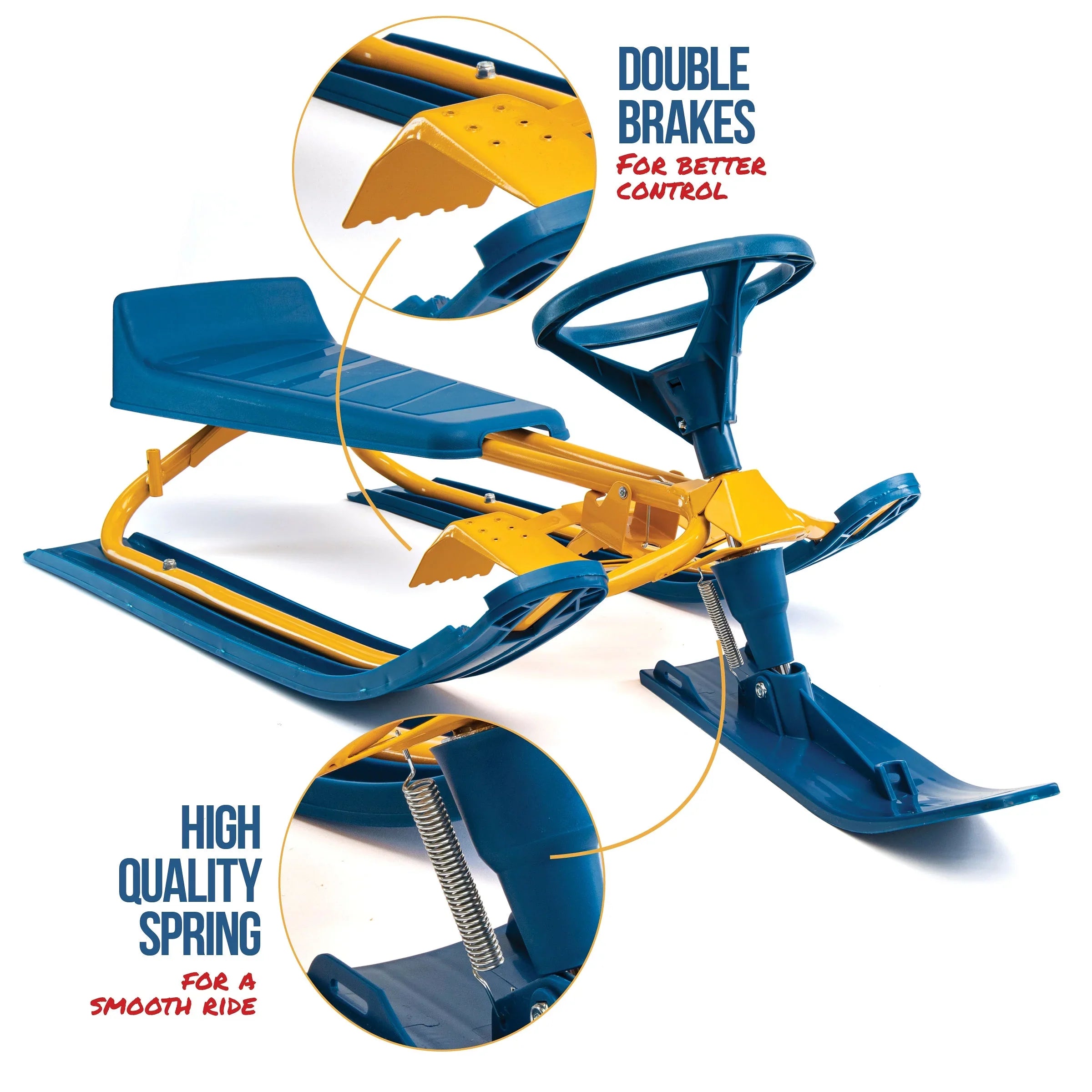 Machrus Frost Rush Snow Sled with Steering Wheel, Twin Brakes, Pull Rope & Safety Flag - Winter Racer Snow Sled for Kids and Adults for Sledding