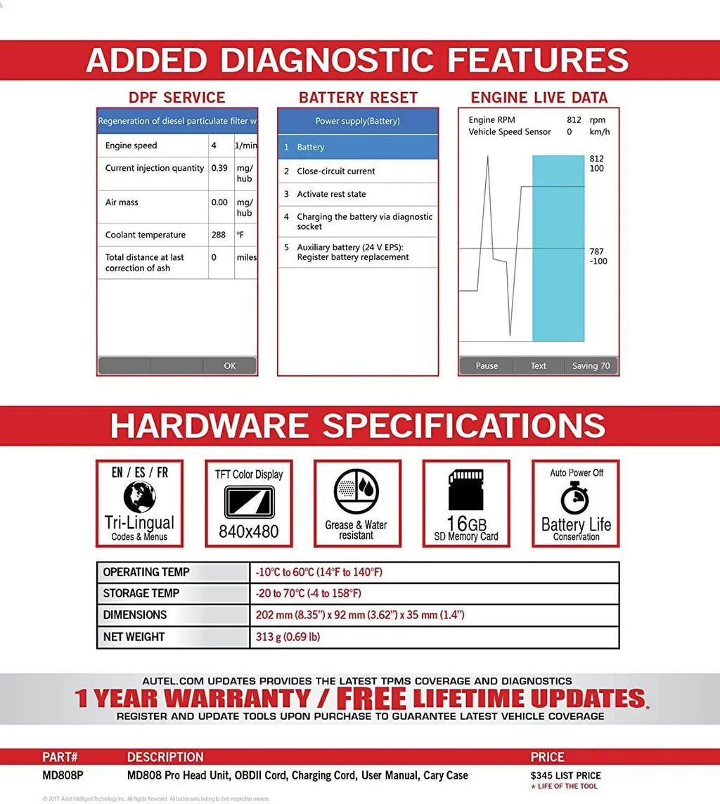 Autel MaxiDiag MD808 Pro With Extension Cable OBD2 Scanner Code Reader Read/Clear Codes DTC Lookup 7 Special Features Oil Reset Battery Reset EPB SAS BMS Upgraded MD806 MD802 AL329 AL529 AL609 AL629