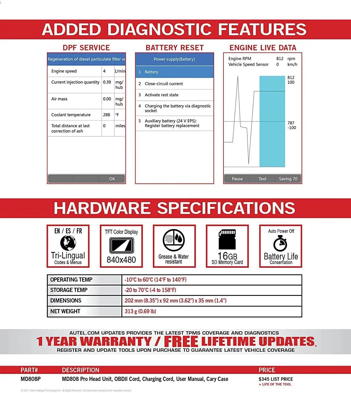 Autel MaxiDiag MD808 Pro With Extension Cable OBD2 Scanner Code Reader Read/Clear Codes DTC Lookup 7 Special Features Oil Reset Battery Reset EPB SAS BMS Upgraded MD806 MD802 AL329 AL529 AL609 AL629